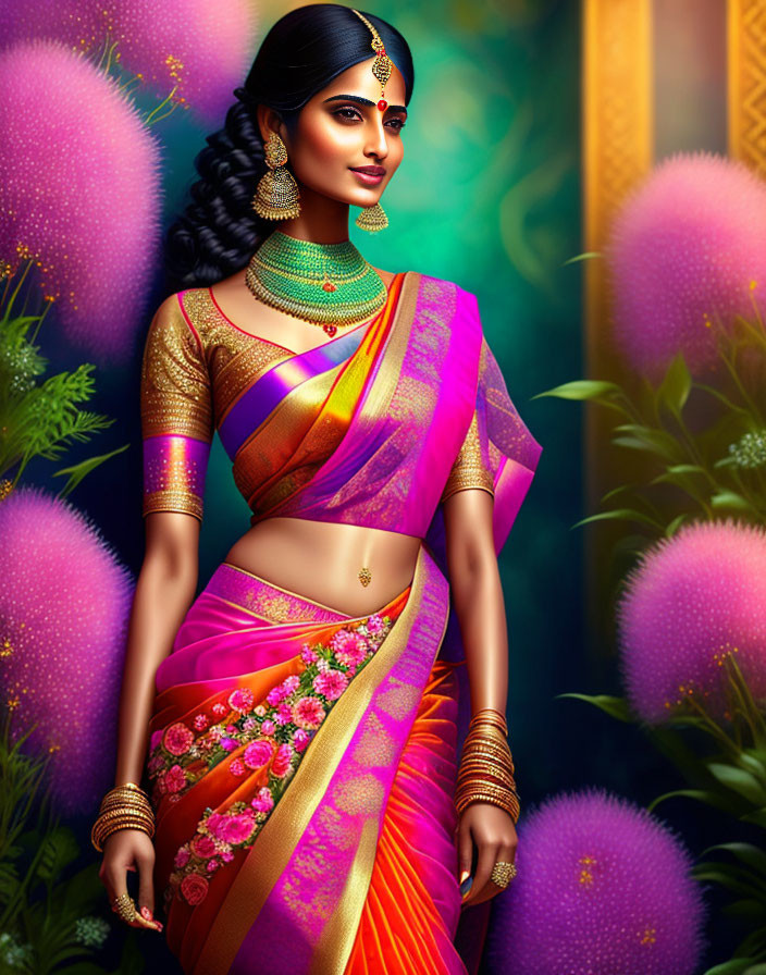 Illustrated woman in traditional Indian sari with gold jewelry on floral background