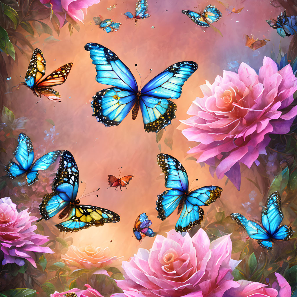 Colorful butterflies and pink roses on soft pink background.