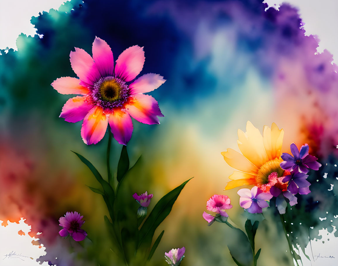 Colorful flowers in vibrant digital artwork on abstract background