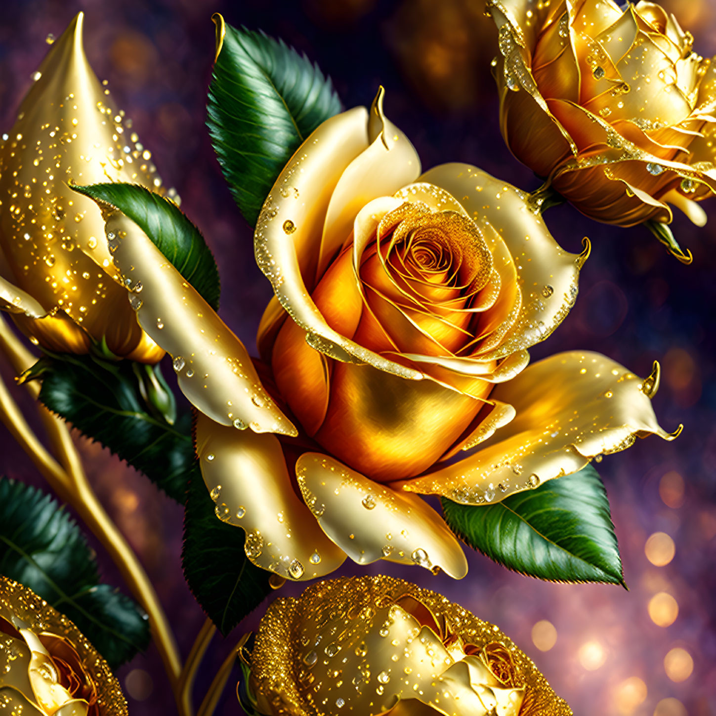 Golden Roses Digital Artwork with Dewdrops on Bokeh Background