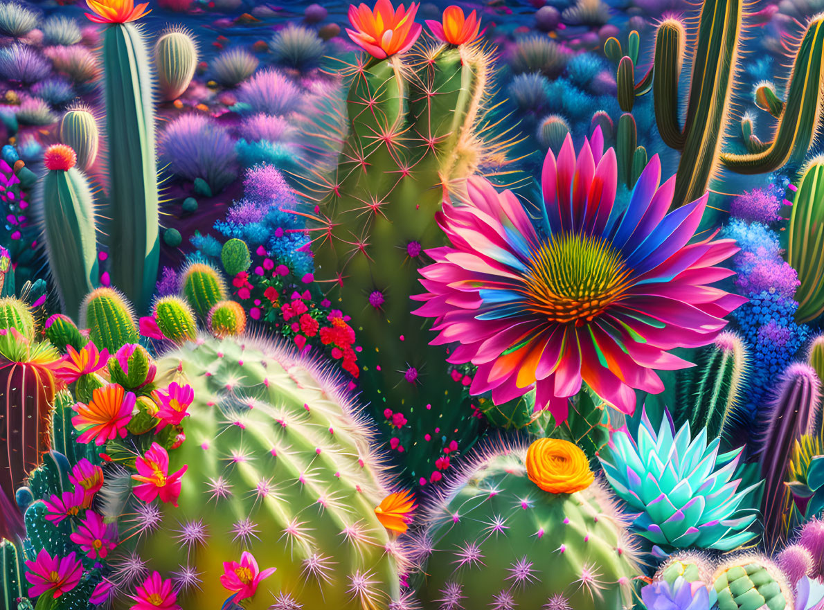 Colorful Cactus Garden Artwork with Vibrant Flowers