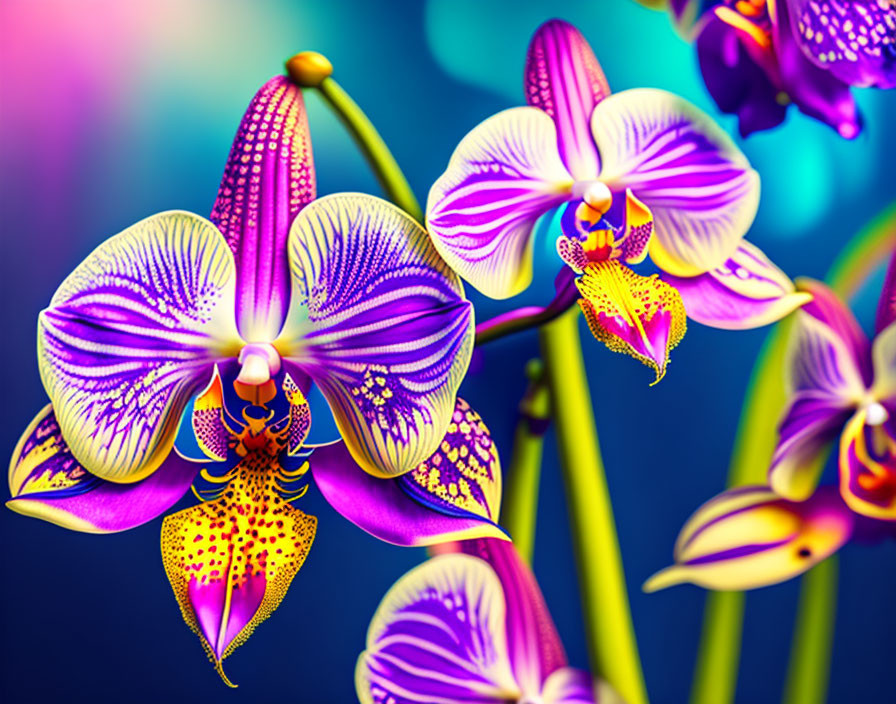 Purple and Yellow Orchids with Intricate Petal Patterns on Colorful Bokeh