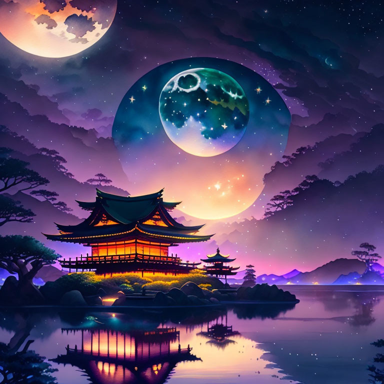 Artistic depiction of serene temple by reflective lake under vibrant night sky