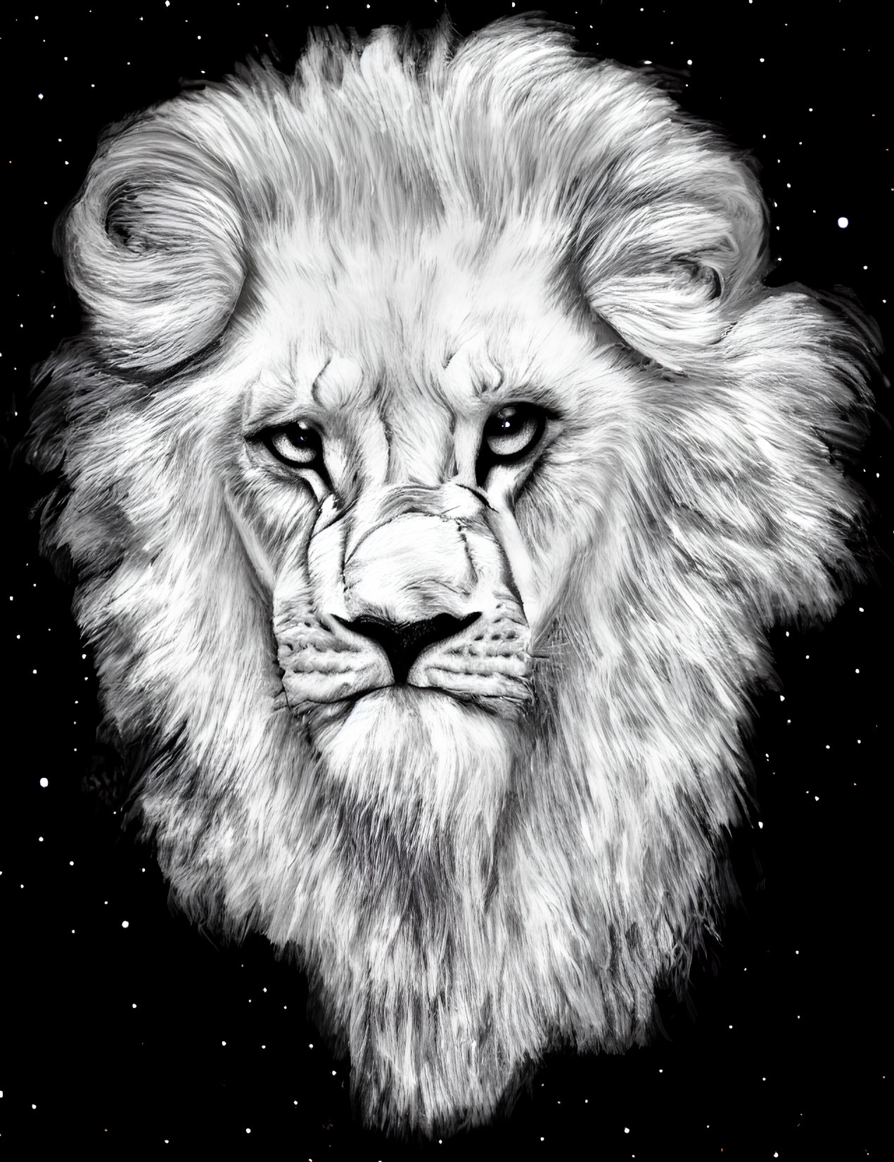 Monochromatic majestic lion with full mane on starry background