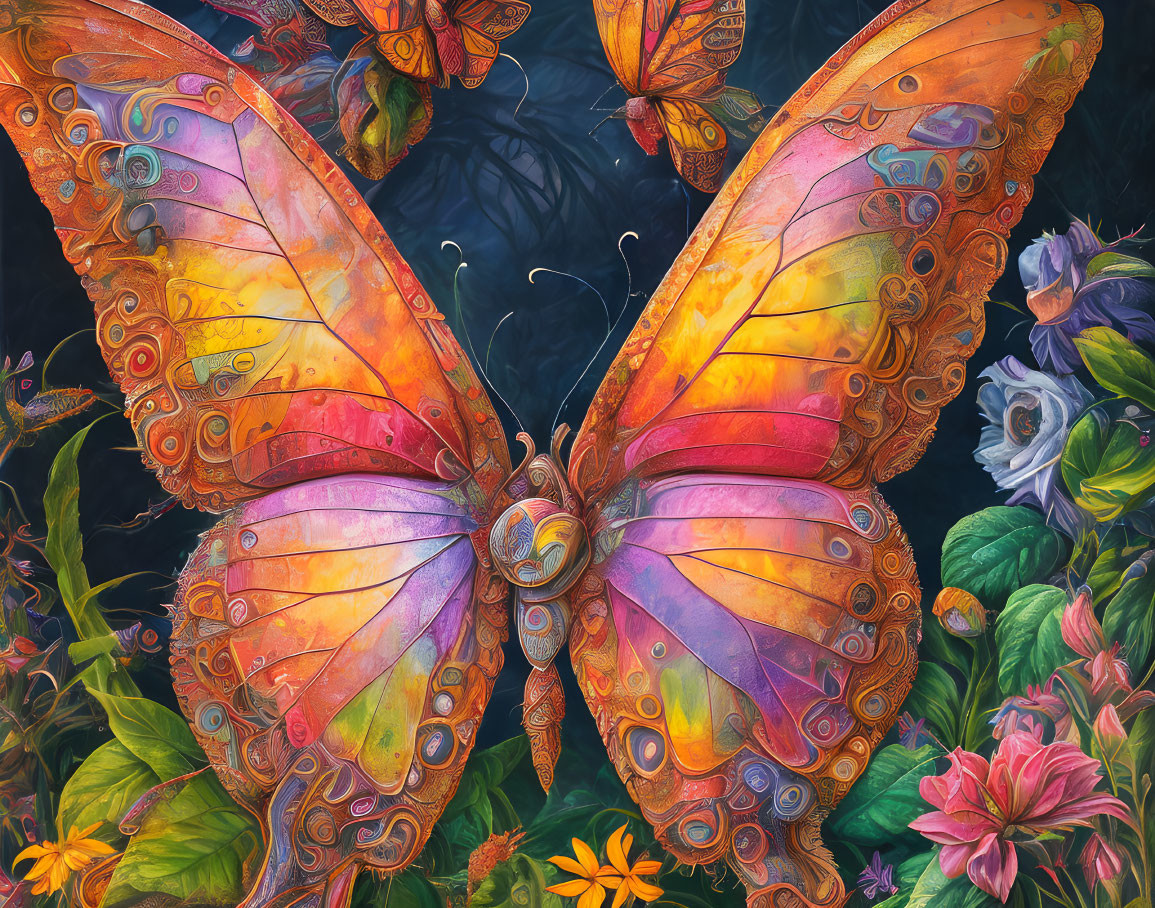 Colorful Butterfly Illustration with Intricate Wing Patterns and Lush Floral Background