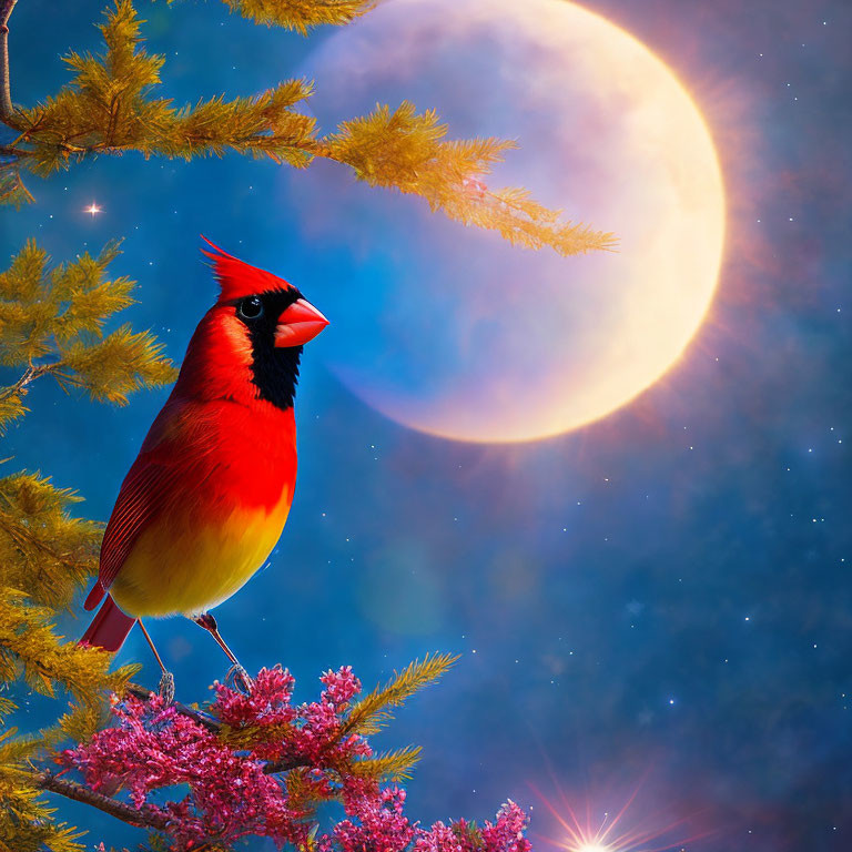 Colorful cardinal on tree branch under starry sky with crescent moon