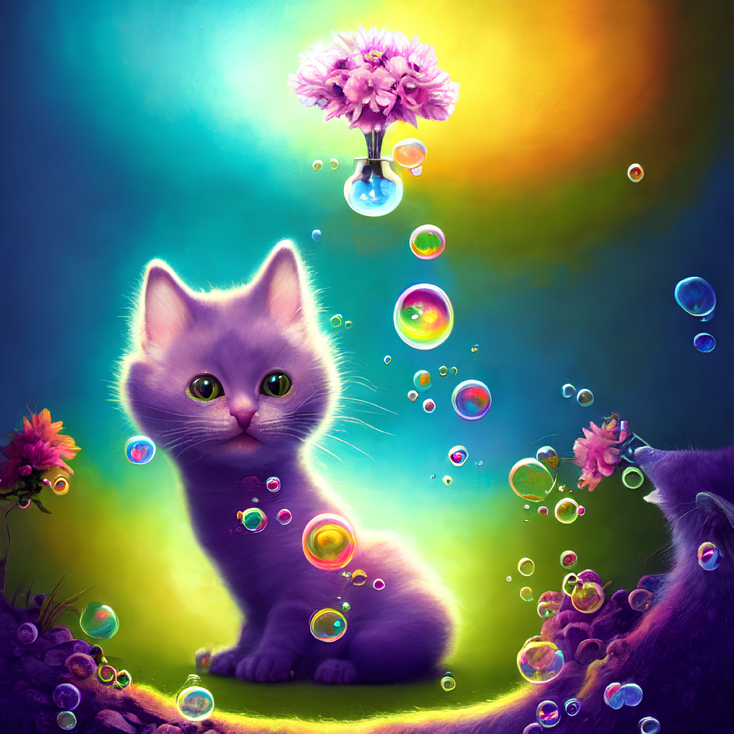 Colorful illustration of wide-eyed kitten with bubbles and flowers