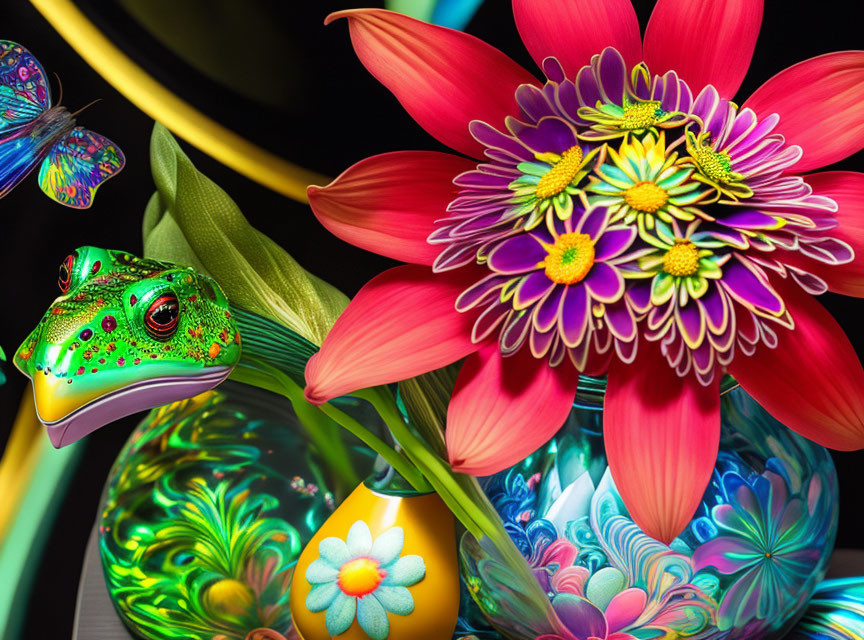 Detailed digital art: Green frog, pink flower, blue butterfly, and reflective orbs