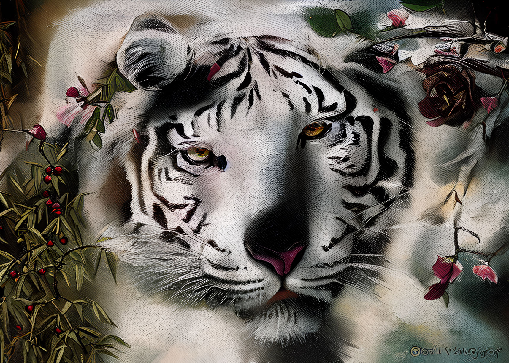 White Tiger Face Digital Artwork with Yellow Eyes and Green Foliage