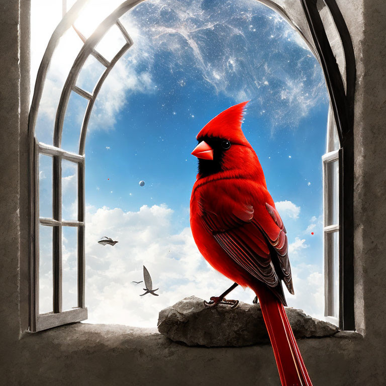 Red cardinal bird perched in stone window frame with blue sky and planets.