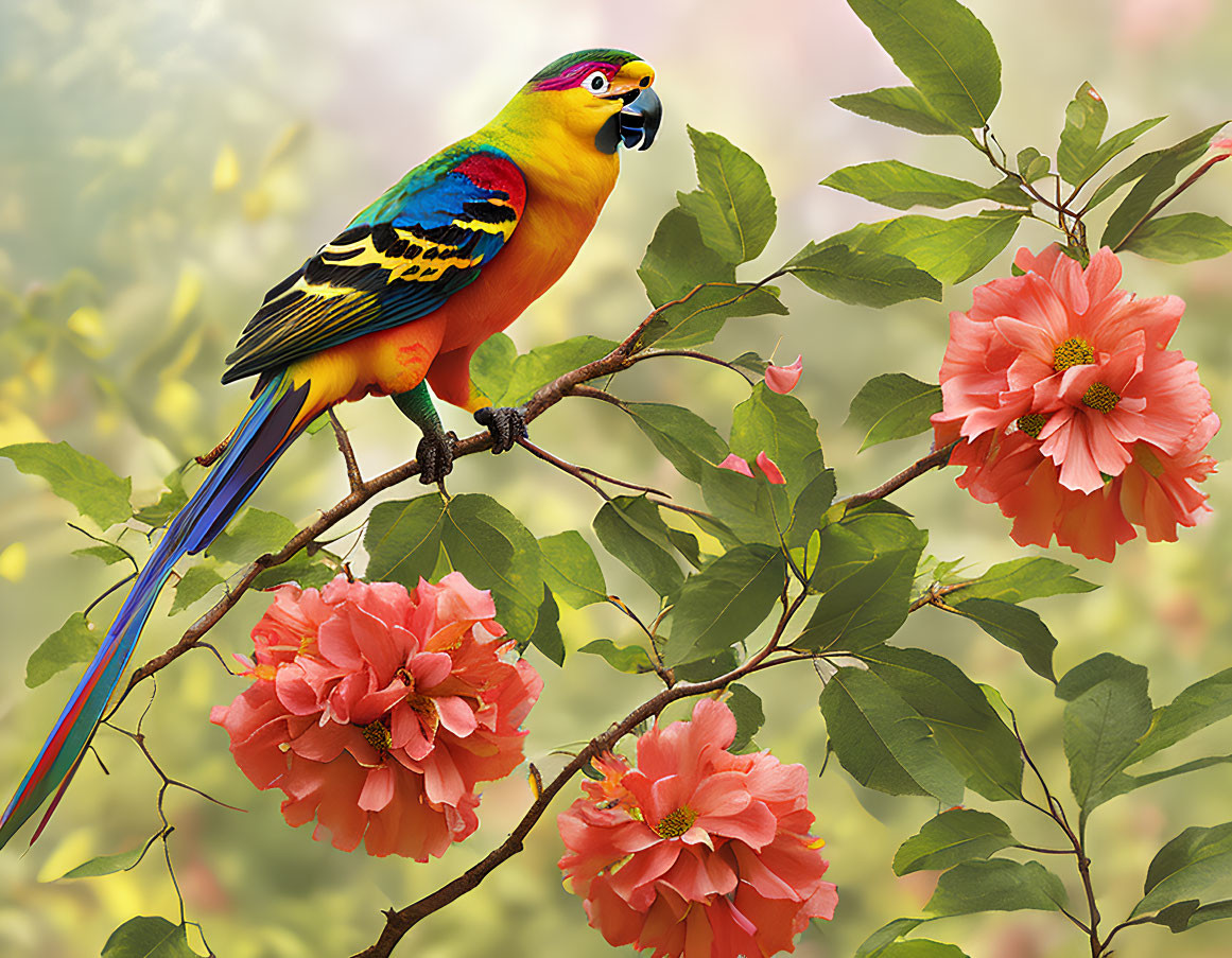 Colorful Bird Perched on Branch Among Pink Blossoms