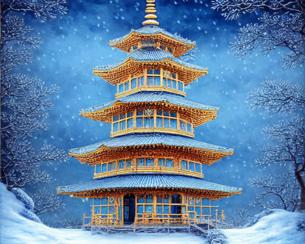 Snowy landscape with illuminated multi-tiered pagoda