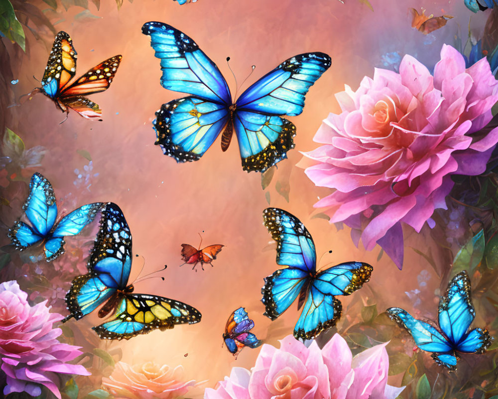 Colorful butterflies and pink roses on soft pink background.