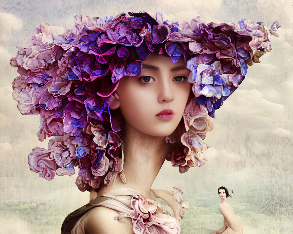 Person wearing large purple and blue flower headdress in front of classical landscape painting.