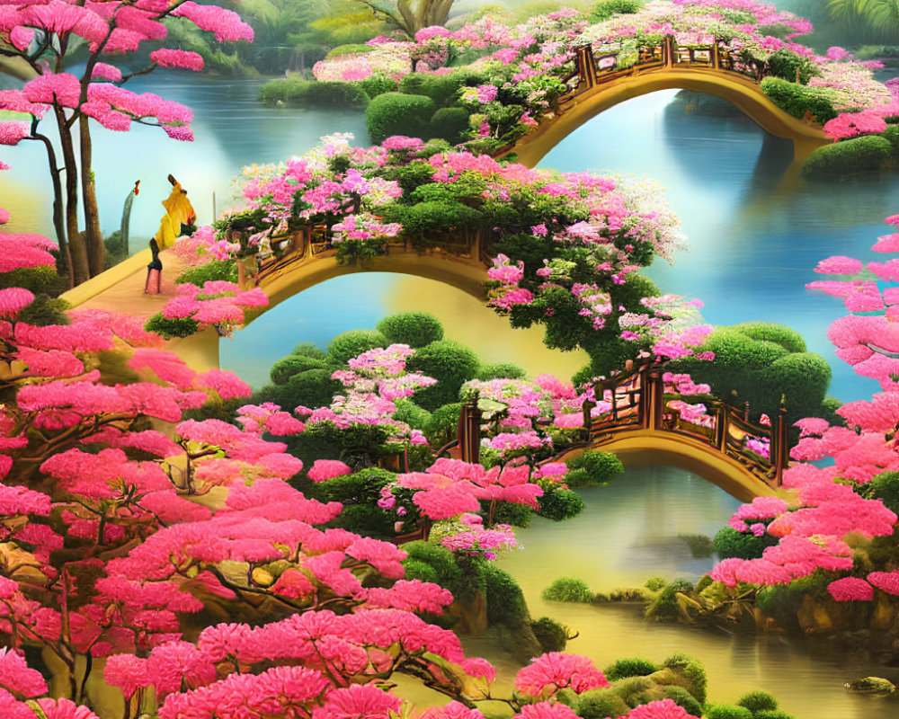 Tranquil landscape with footbridge, lush flowering trees, and river