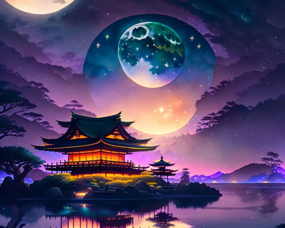 Artistic depiction of serene temple by reflective lake under vibrant night sky