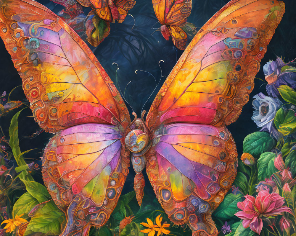 Colorful Butterfly Illustration with Intricate Wing Patterns and Lush Floral Background