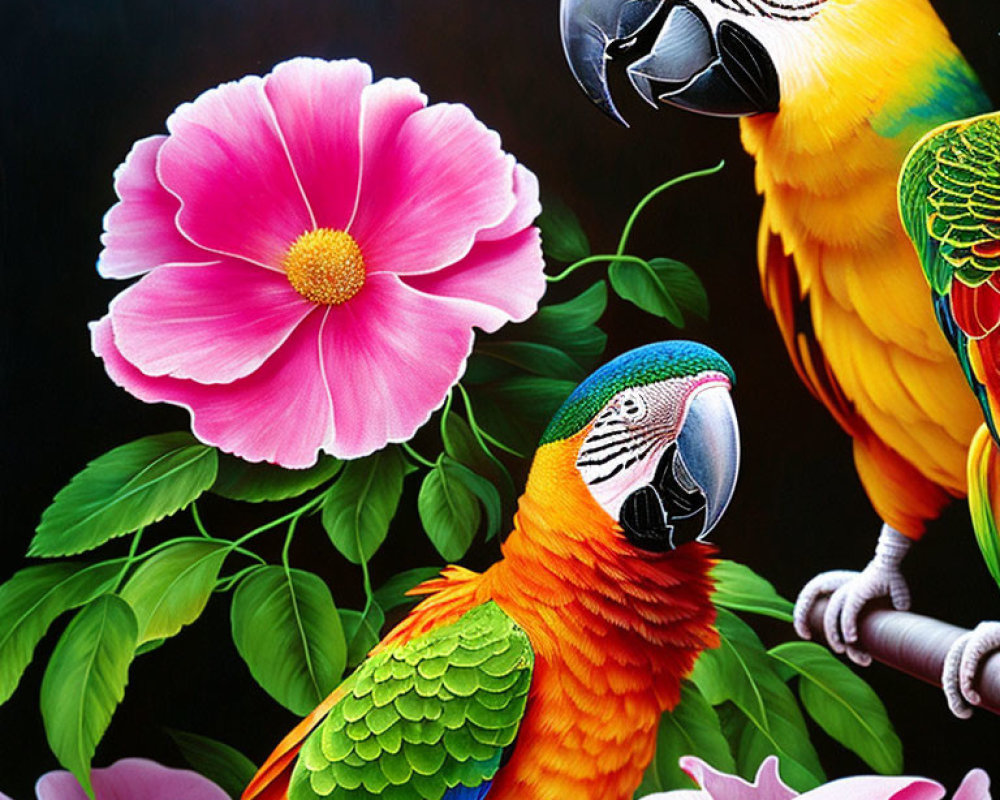 Vibrant orange and green parrots beside pink flowers on dark background