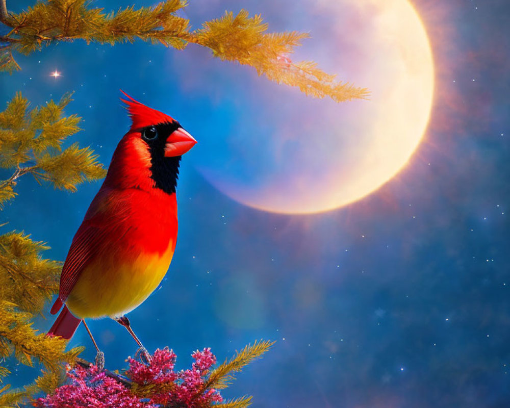 Colorful cardinal on tree branch under starry sky with crescent moon