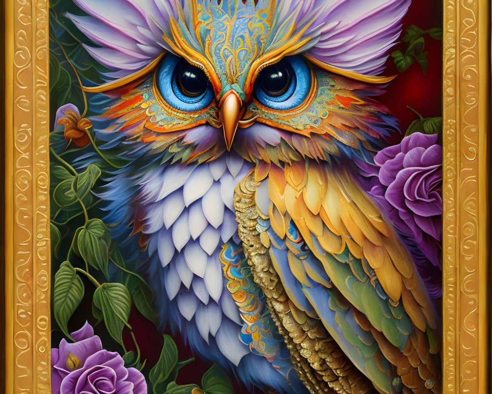 Colorful Owl Illustration with Golden Border and Flowers