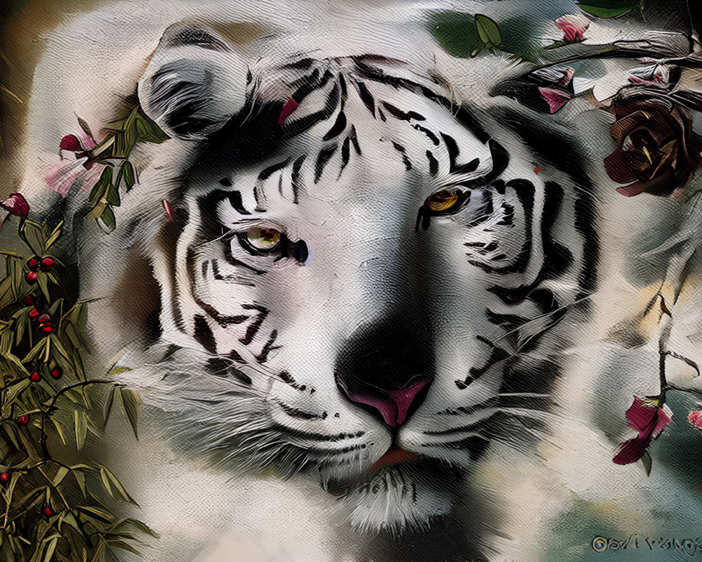 White Tiger Face Digital Artwork with Yellow Eyes and Green Foliage