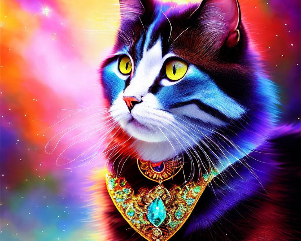 Colorful Digital Artwork: Cat with Blue Eyes & Golden Collar in Cosmic Setting