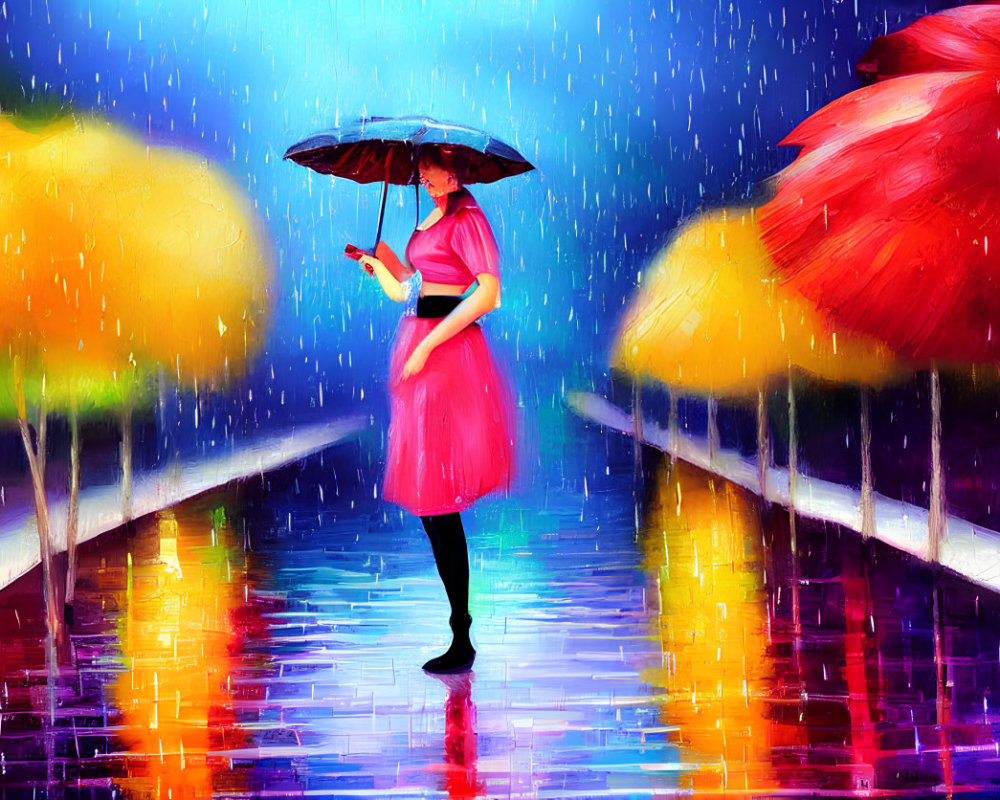 Vibrant painting of person with umbrella in rainy forest