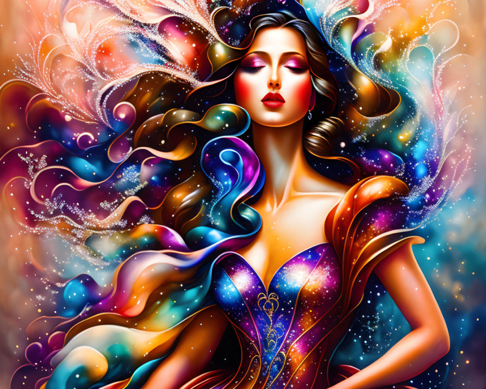 Colorful cosmic nebula woman illustration with flowing hair and starry dress.