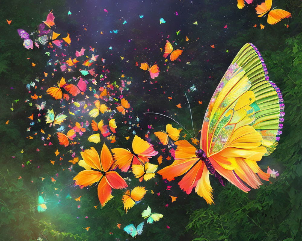 Colorful Butterfly Digital Art on Mystical Green Background