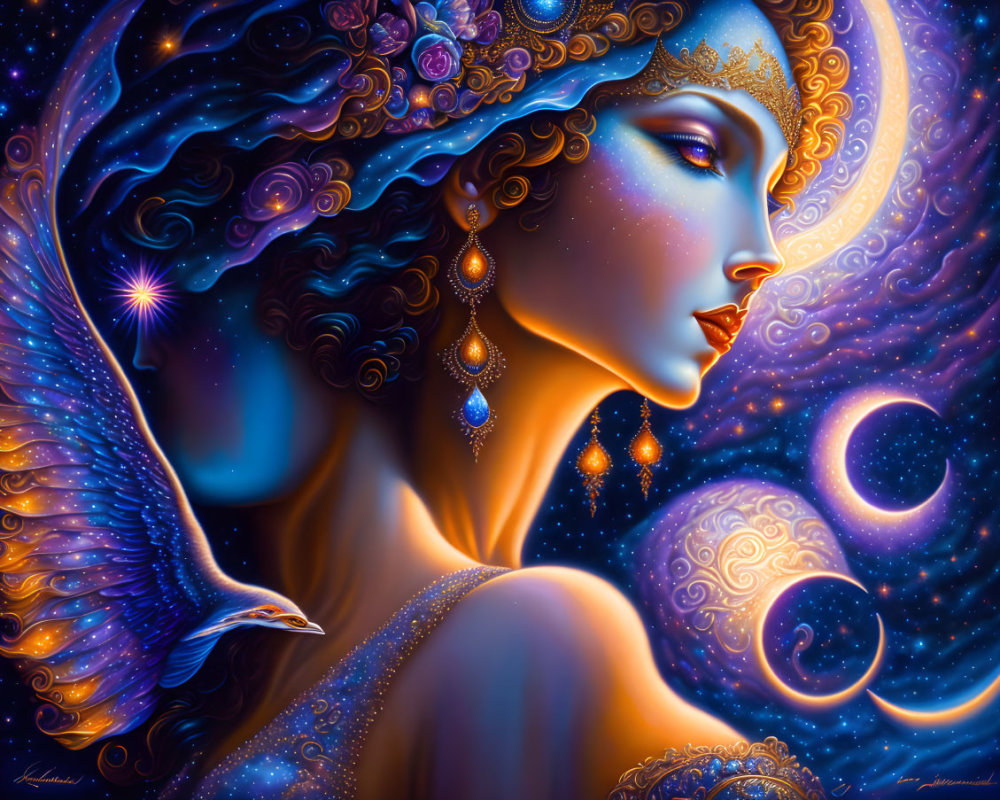 Blue-skinned woman with golden jewelry and roses, cosmic bird in swirling galaxy.