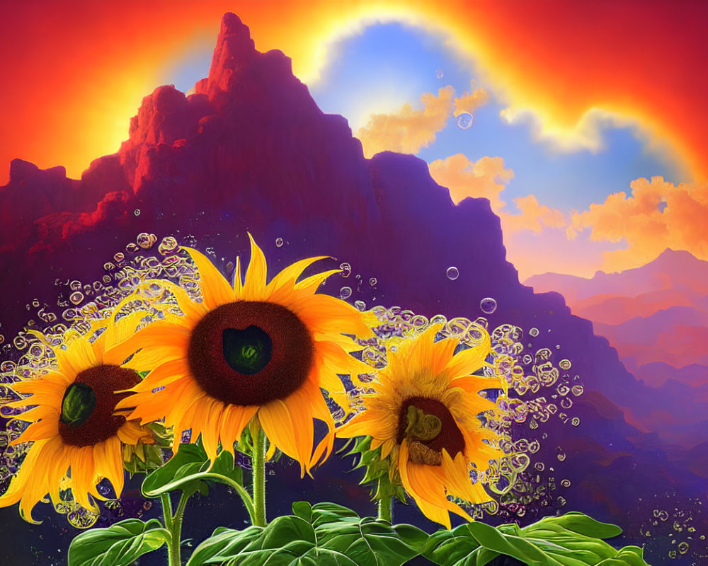 Sunflowers and Mountains Under Fiery Sunset Sky with Floating Bubbles