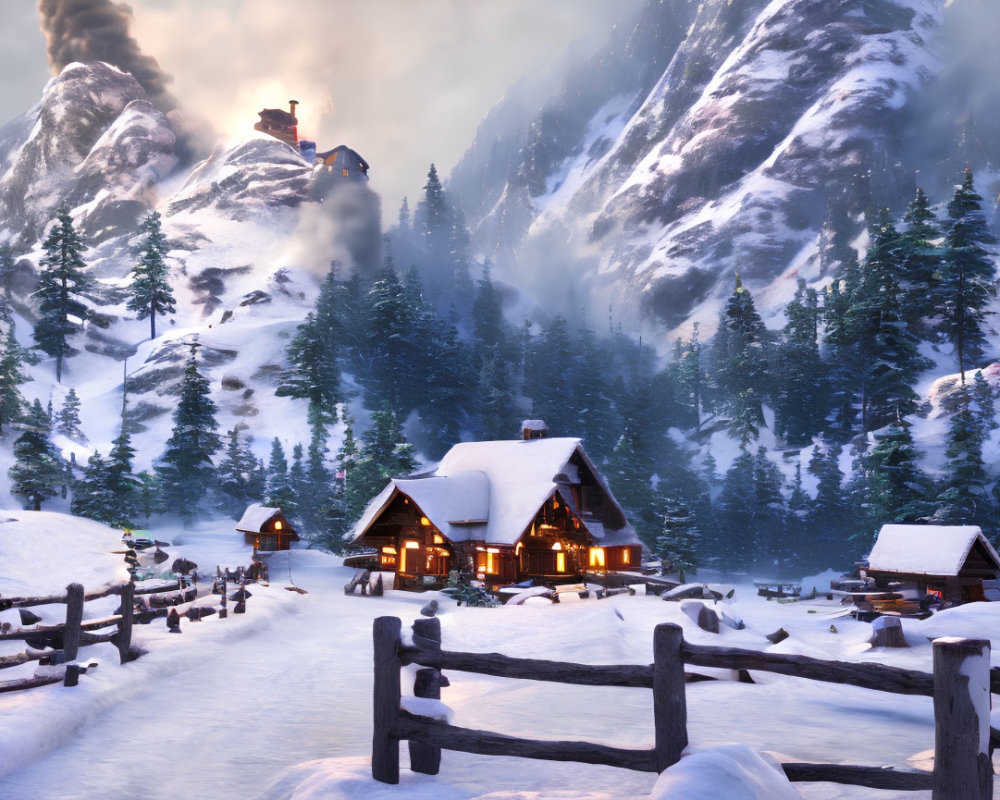 Winter scene: Snow-covered chalets, pine trees, wooden fence, mountains at dusk