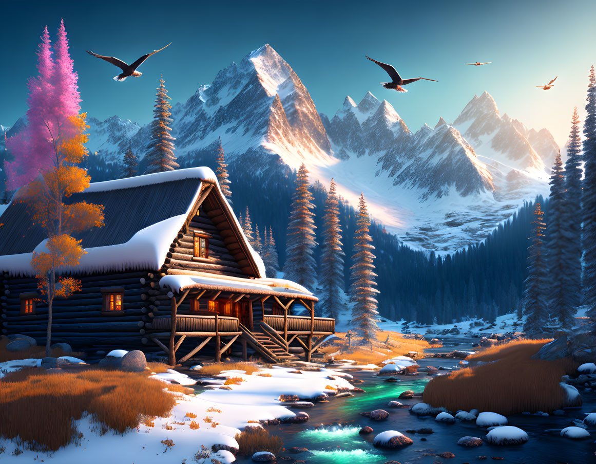 Tranquil log cabin landscape with river, forests, mountains, and birds