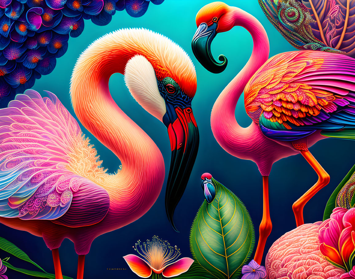 Colorful Flamingo and Heron in Lush Natural Setting