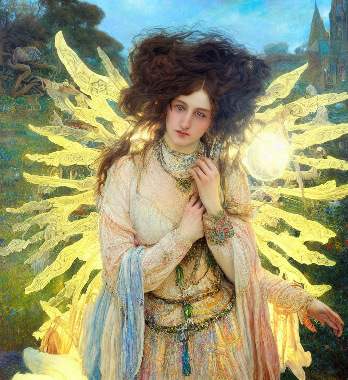 Woman with flowing hair and golden wings in mystical landscape with church