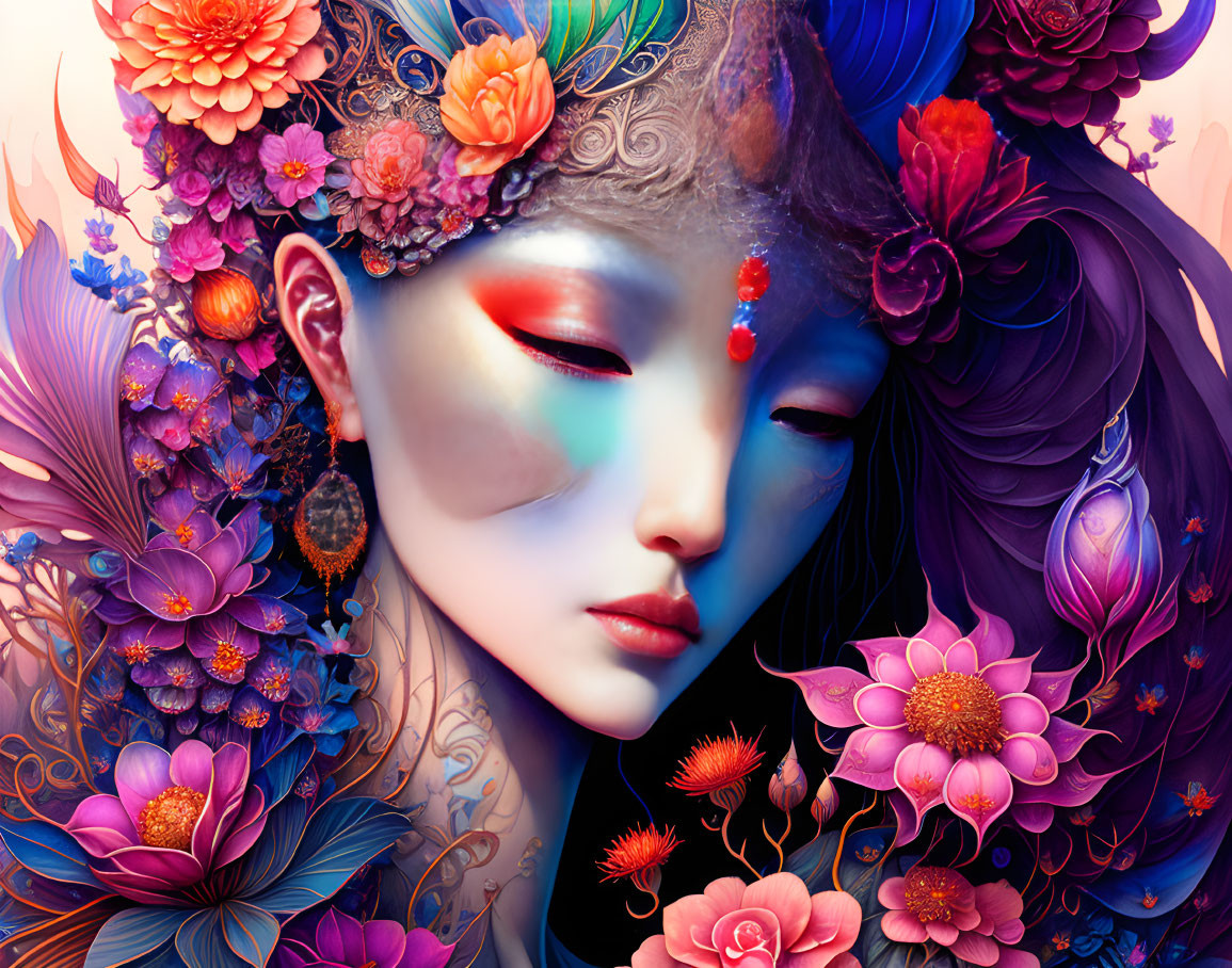 Colorful digital artwork of a woman with floral patterns and surreal beauty