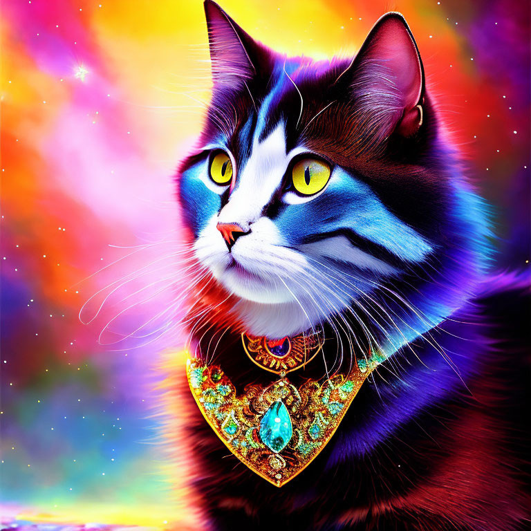 Colorful Digital Artwork: Cat with Blue Eyes & Golden Collar in Cosmic Setting