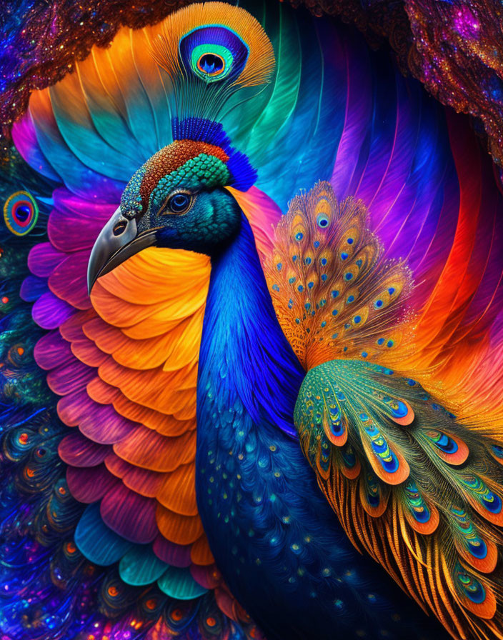 Colorful Peacock with Blue and Orange Plumage and Eye-Patterned Tail Feathers