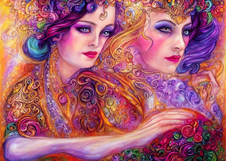 Colorful painting of two stylized women with intricate hairstyles and ornate clothing.