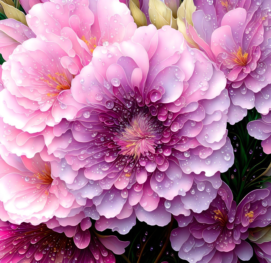 Detailed Pink Flowers with Water Droplets on Petals Against Dark Foliage