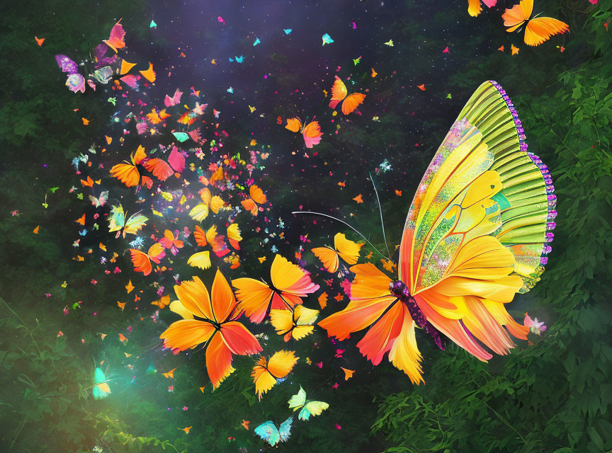 Colorful Butterfly Digital Art on Mystical Green Background