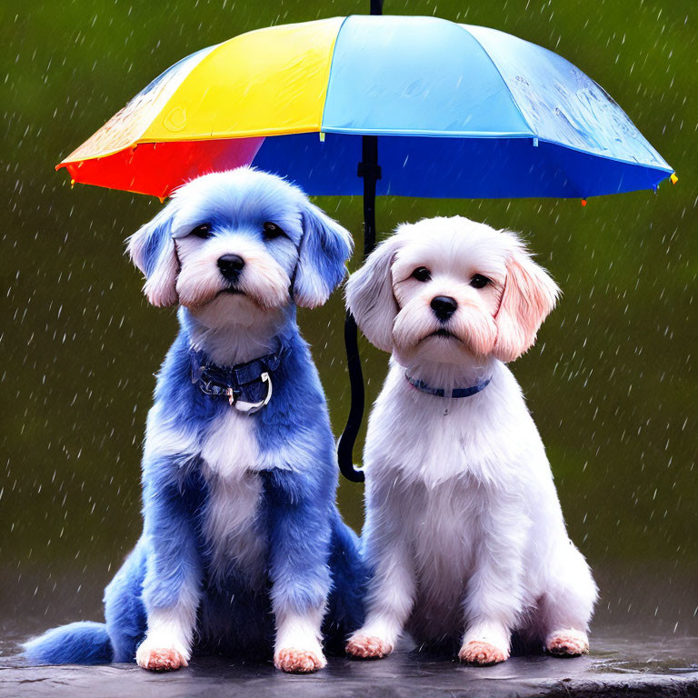 Two dogs under colorful umbrella in rain