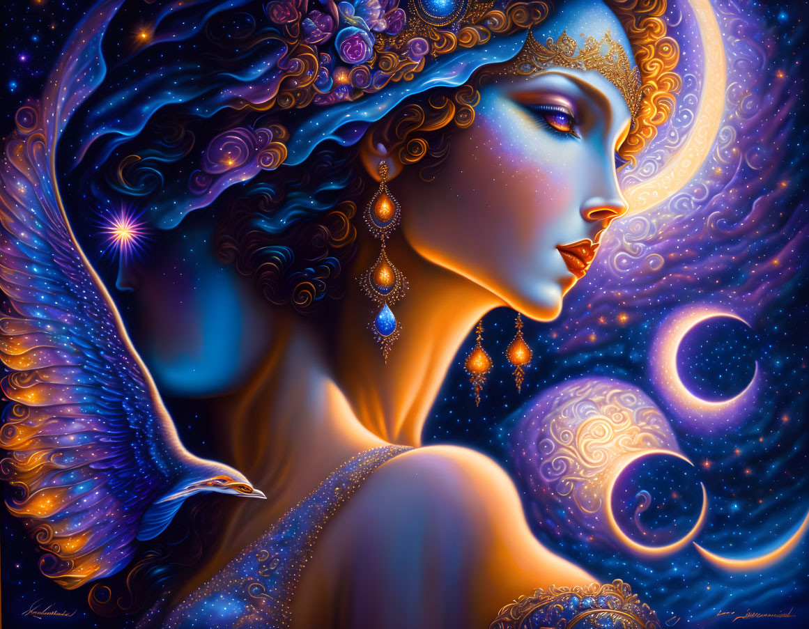 Blue-skinned woman with golden jewelry and roses, cosmic bird in swirling galaxy.