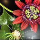 Detailed digital art: Green frog, pink flower, blue butterfly, and reflective orbs