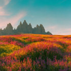 Colorful Wildflowers in Vibrant Meadow at Sunset with Rainbow and Star