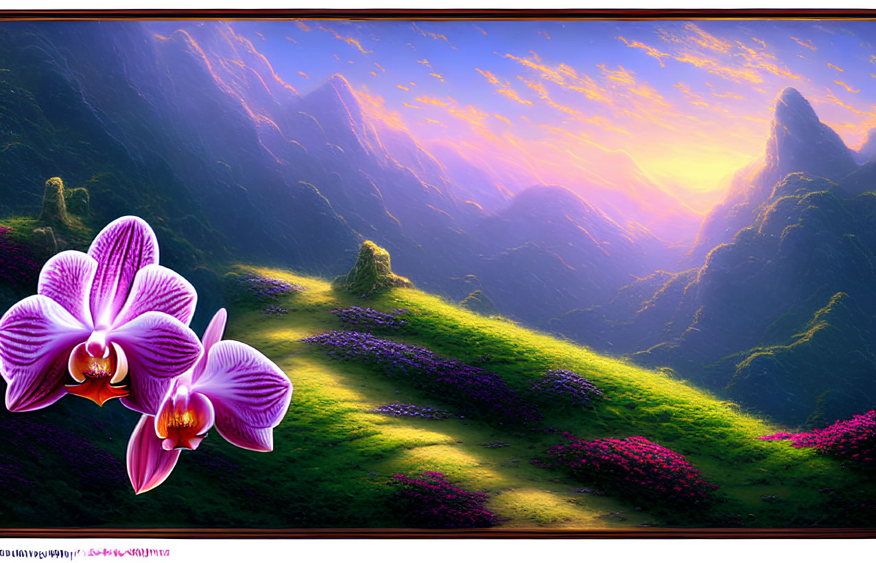 Purple Orchids and Sunset on Green Mountain Landscape