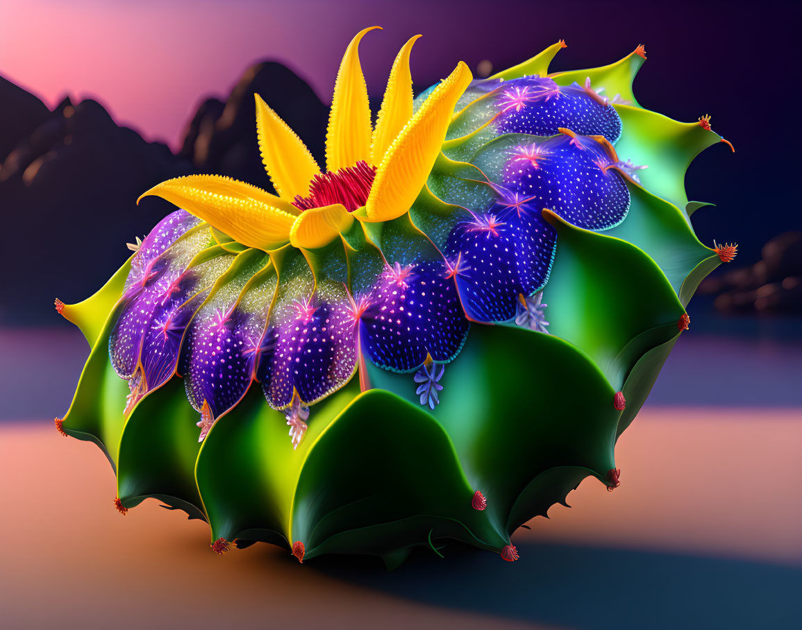 Colorful digital artwork: Fantastical plant with yellow petals, blue fruit, green leaves on purple