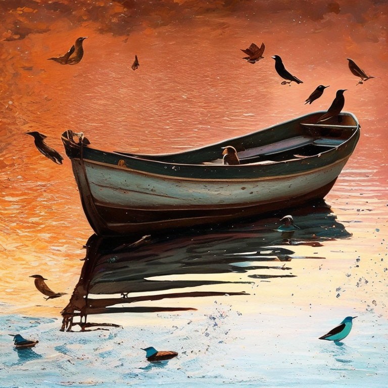 Tranquil sunset lake with boat, birds, and orange sky