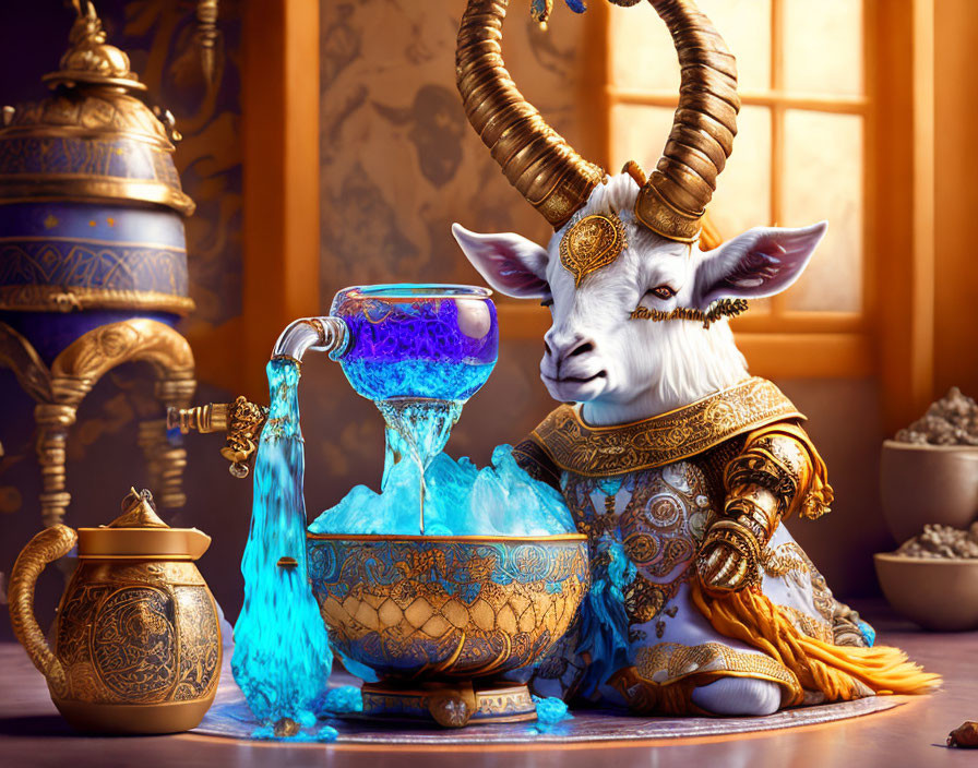 Anthropomorphic goat pouring blue liquid in luxurious setting