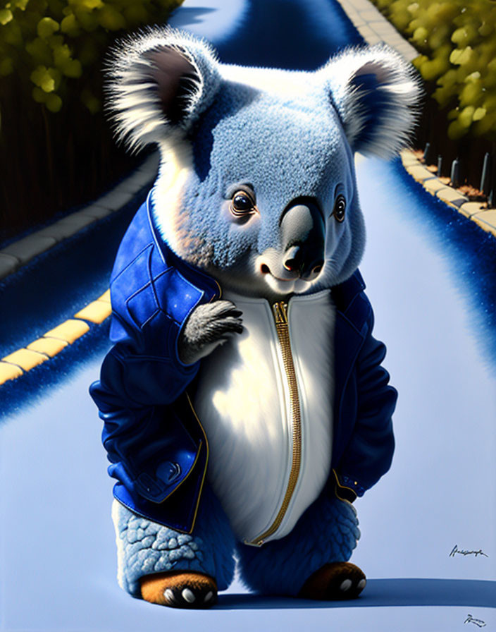 Stylized illustration of koala in blue jacket on path with trees